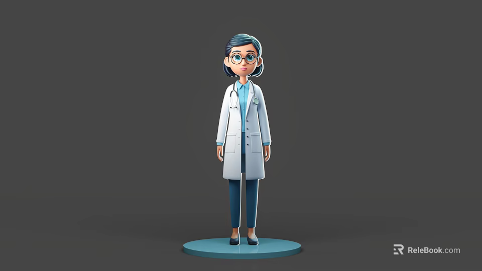 Cartoon Woman 3D Model Wearing White Coat And Glasses Standing On Blue Base 3d model 