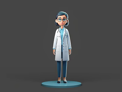 Cartoon Woman 3D Model Wearing White Coat And Glasses Standing On Blue Base 3d model