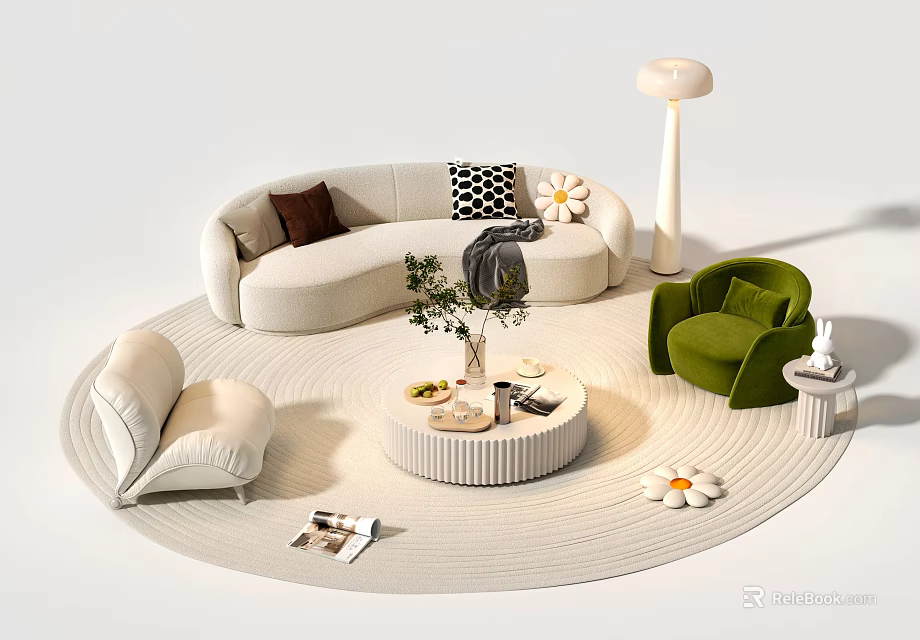 Comfortable Curved Sofa And Round Coffee Table With Decorative Pillows Green Armchair And Floor Lamp 3d model 