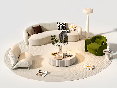Comfortable Curved Sofa And Round Coffee Table With Decorative Pillows Green Armchair And Floor Lamp 3d model