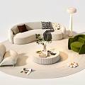 Comfortable Curved Sofa And Round Coffee Table With Decorative Pillows Green Armchair And Floor Lamp
