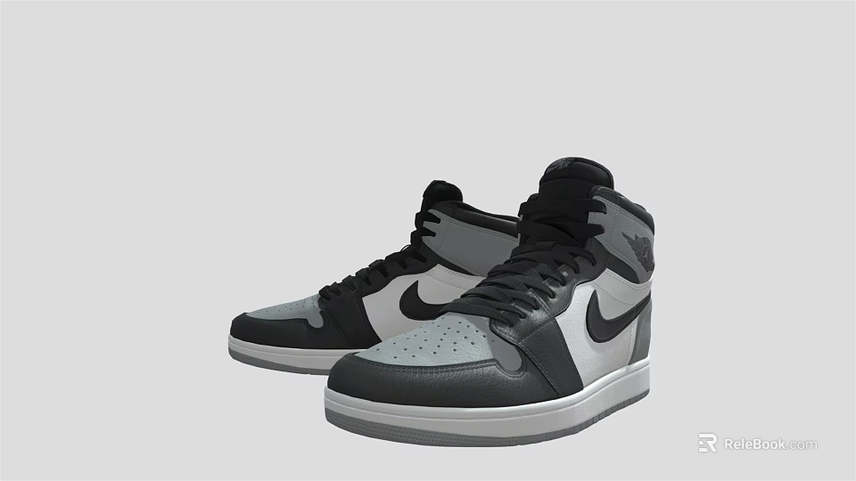Stylish High Top Nike Sneakers Featuring Black Gray and White Design 3d model 