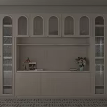 Modern White Bookcase Design With Glass Doors Vertical Slats And Countertop Decorative Items