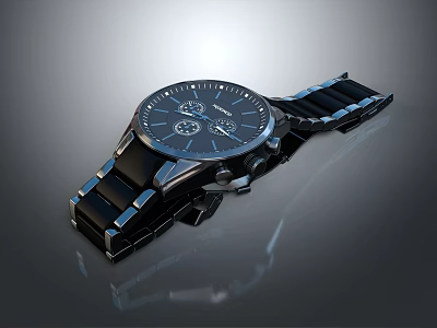 Sleek Black Dial Watch With Stainless Steel Band And Chronograph Features 3d model