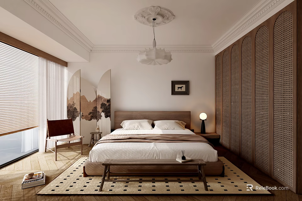 Modern Bedroom Interior With White Bed Linens Chandelier Wooden Screen And Geometric Rug 3d model 