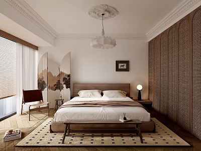 Modern Bedroom Interior With White Bed Linens Chandelier Wooden Screen And Geometric Rug 3d model