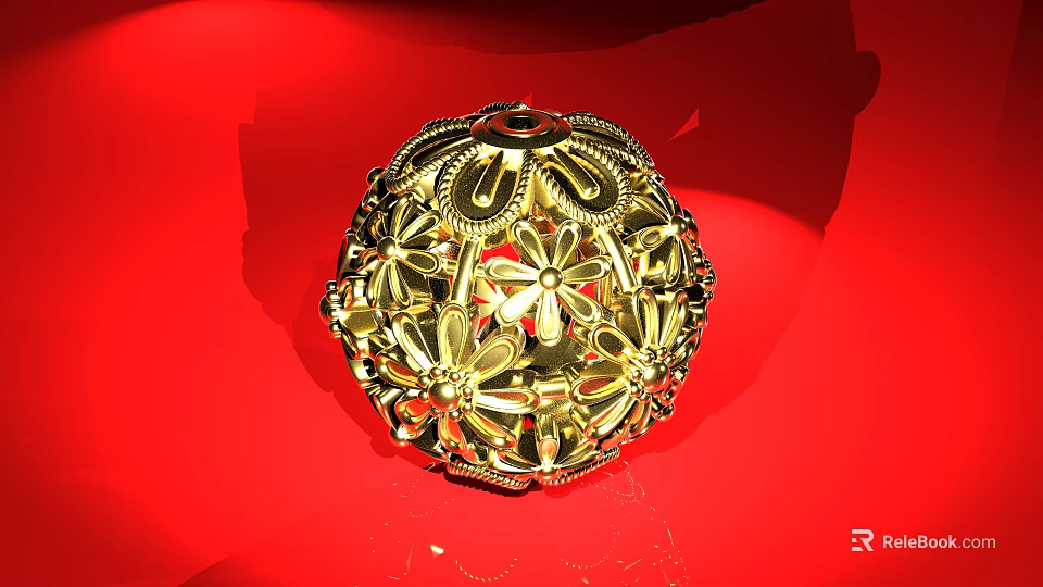 Ornate Golden Spherical Filigree Jewelry With Floral Patterns On Red Background 3d model 