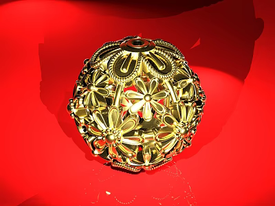 Ornate Golden Spherical Filigree Jewelry With Floral Patterns On Red Background 3d model