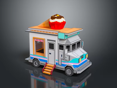 Colorful Food Truck With Large Cupcake On Top Wooden Steps And Blue Stripes 3d model