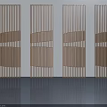 Four Wooden Hinged Doors With Vertical Slats And Geometric Patterns In Light Colored Room