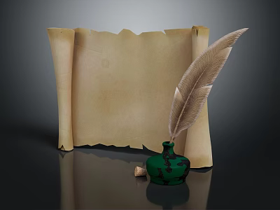 Antique Paper Scroll With Feather Quill And Green Ink Bottle On Table 3d model