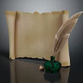 Antique Paper Scroll With Feather Quill And Green Ink Bottle On Table