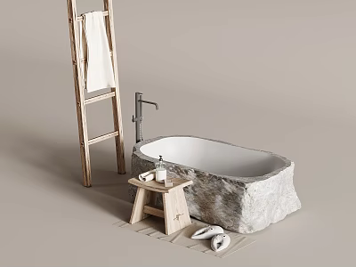 Natural Stone Bathtub With Wooden Ladder Small Stool And Slippers 3d model