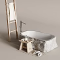 Natural Stone Bathtub With Wooden Ladder Small Stool And Slippers