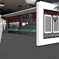 Indoor Exhibition Space with Display Cases Silhouette Figure Hanging Lights and Decorative Paintings