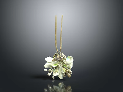 Stylish Flower Shaped Pendant With Gold Chain And White Green Petals Decorative Design 3d model