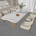 White Marble Dining Table Set with Beige Chairs Wooden Legs Potted Plant and Fruit Bowl