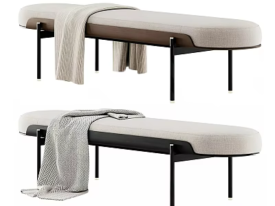 Modern Upholstered Bench With Black Metal Legs And Cozy Knitted Blanket For Home 3d model