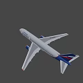 Flying Commercial Airplane With Gray Blue Body Twin Engines And Landing Gear