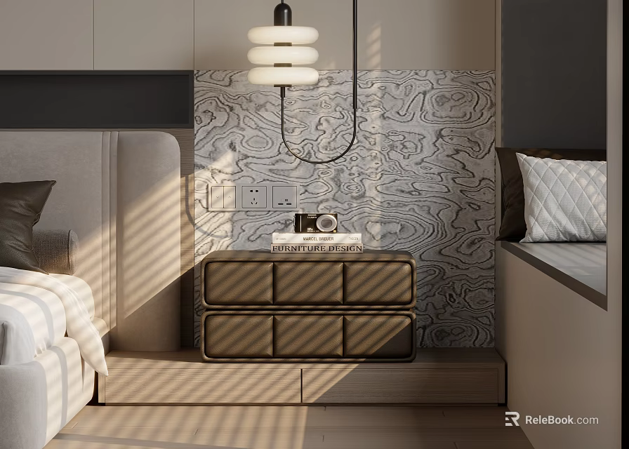 Modern Wooden Nightstand With Drawers And Pendant Light In Textured Wall Bedroom 3d model 