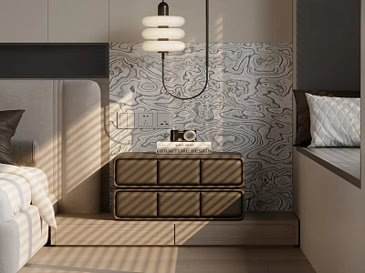 Modern Wooden Nightstand With Drawers And Pendant Light In Textured Wall Bedroom 3d model