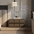 Modern Wooden Nightstand With Drawers And Pendant Light In Textured Wall Bedroom