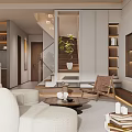 Modern Living and Dining Room Interior With Open Layout Sofa Coffee Table Dining Chairs and Kitchen Area