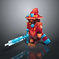 Pixel Art Toy Figure with Red Hat Red Outfit and Blue Sword on Reflective Background