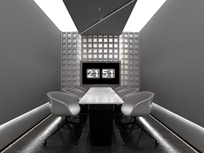 Modern Lounge Area with Table Chairs Grid Patterned Wall and Digital Screen 2151 3d model