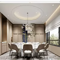 Elegant Private Dining Room Interior With Round Table White Chairs Chandelier And Wooden Walls