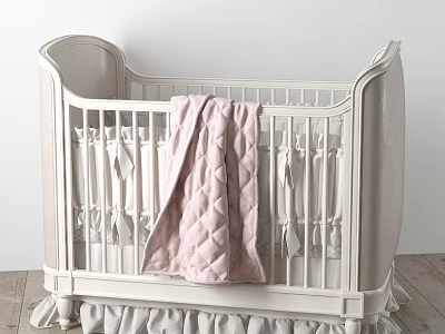 Cozy Classic White Baby Crib With Curved Headboard Ruffled Skirt And Pink Quilted Blanket 3d model