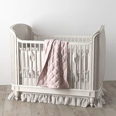 Cozy Classic White Baby Crib With Curved Headboard Ruffled Skirt And Pink Quilted Blanket 3d model