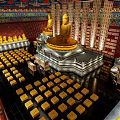 Traditional Buddhist Shrine Cabinet Interior With Golden Buddha Statues Red Walls And Ornate Ceiling