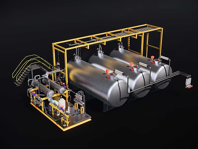 Industrial Equipment Featuring Yellow Metal Framework Large Storage Tanks And Piping 3d model