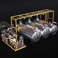 Industrial Equipment Featuring Yellow Metal Framework Large Storage Tanks And Piping