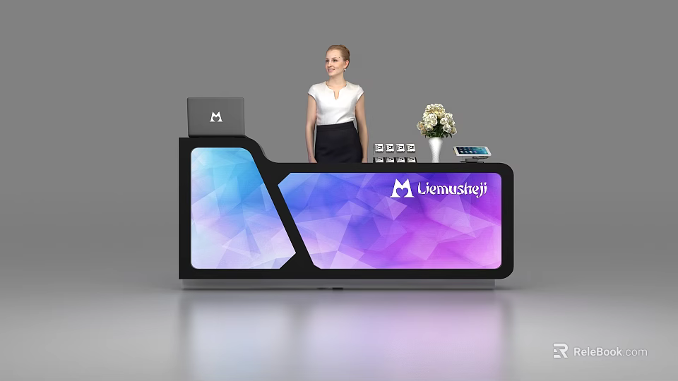 Modern Reception Desk with Colorful Geometric Panel Levenmaj Logo White Vase Tablet and Female Staff 3d model 