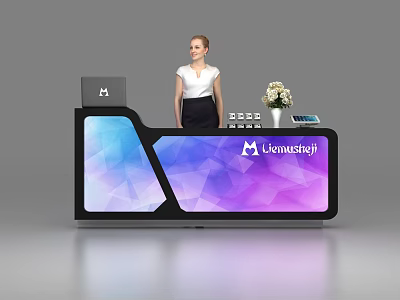 Modern Reception Desk with Colorful Geometric Panel Levenmaj Logo White Vase Tablet and Female Staff 3d model
