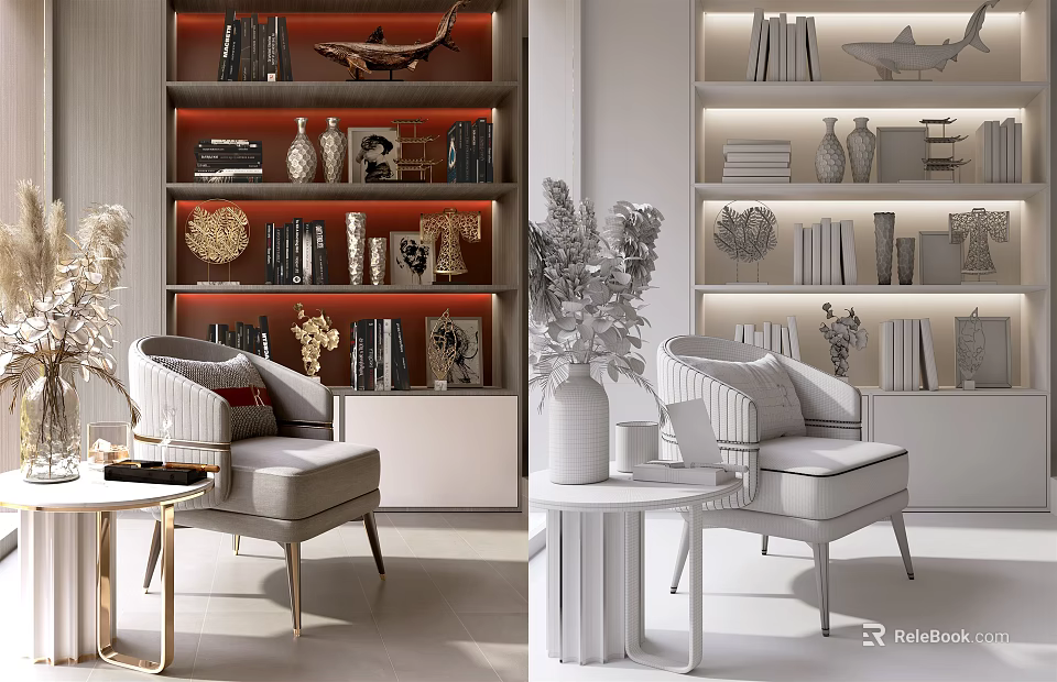 Elegant Modern Bookcase Interior With Decorative Items Books Armchairs And Side Tables 3d model 