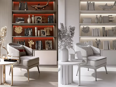 Elegant Modern Bookcase Interior With Decorative Items Books Armchairs And Side Tables 3d model