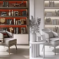 Elegant Modern Bookcase Interior With Decorative Items Books Armchairs And Side Tables