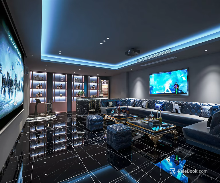 Modern KTV Interior With Large Screen TV Blue Lighting Luxury Sofa And Wine Cabinet 3d model 