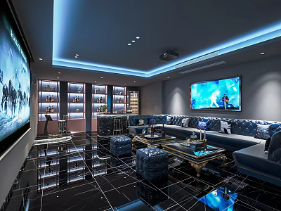 Modern KTV Interior With Large Screen TV Blue Lighting Luxury Sofa And Wine Cabinet 3d model