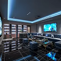 Modern KTV Interior With Large Screen TV Blue Lighting Luxury Sofa And Wine Cabinet