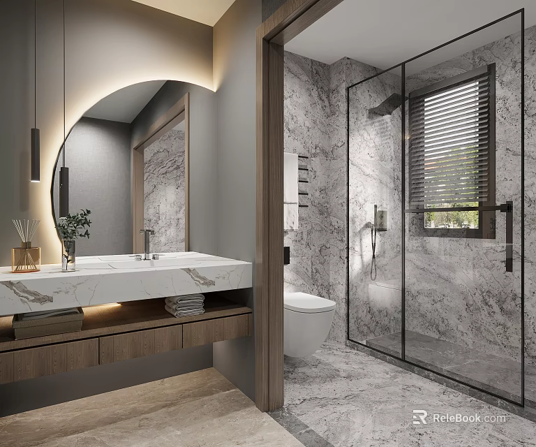 Modern Warm Minimalist Bathroom Interior With Marble Vanity Arched Mirror And Frameless Glass Shower 3d model 