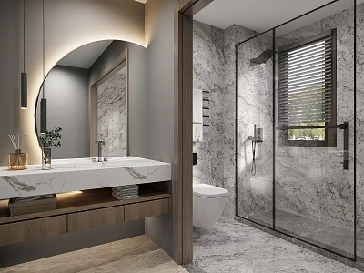 Modern Warm Minimalist Bathroom Interior With Marble Vanity Arched Mirror And Frameless Glass Shower 3d model
