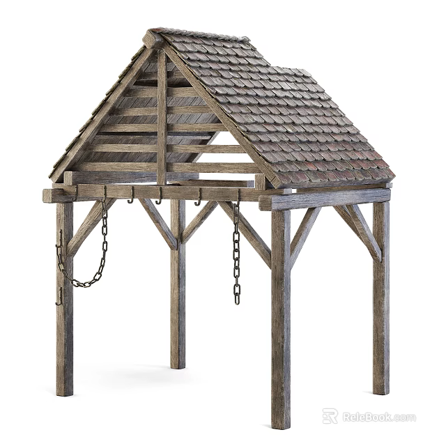 Rustic Outdoor Wooden Pavilion With Tile Roof Wooden Beams And Hanging Chains 3d model 