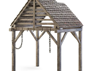 Rustic Outdoor Wooden Pavilion With Tile Roof Wooden Beams And Hanging Chains 3d model
