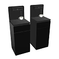 Two Modern Black Kitchen Water Dispensers With White Cups On Top