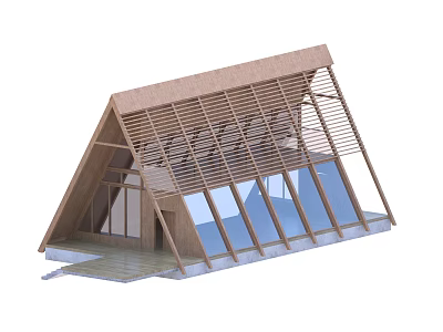 Modern Triangular Architectural Model Featuring Wooden Lattice And Large Glass Windows 3d model