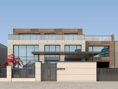 Modern House Entrance Gate With Black Metal Design Glass Curtain Wall And Red Trees 3d model